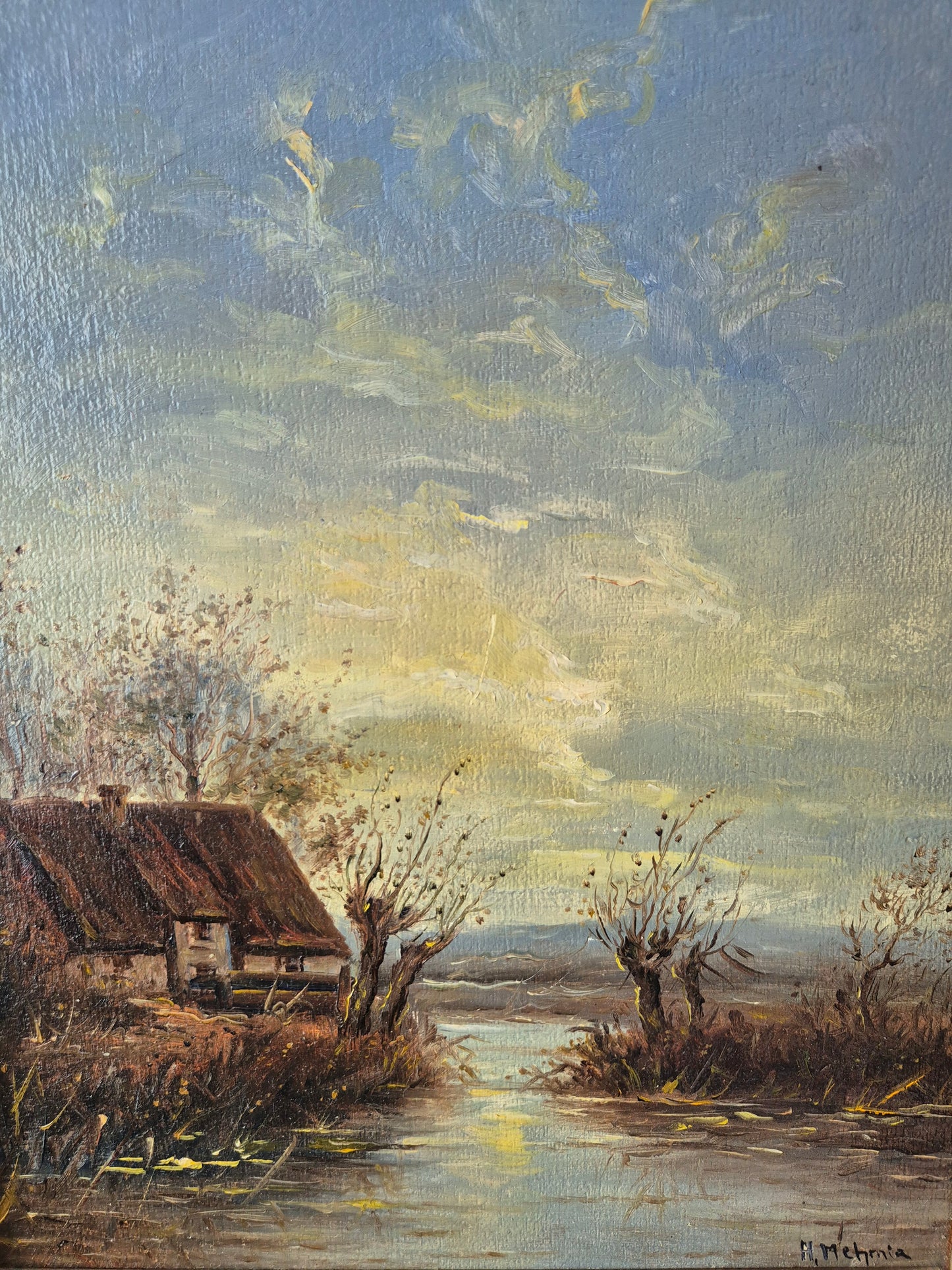 Hamid, Mehrnia (geb. 1942) Ölgemälde Landhaus bei Abenddämmerung 46x40cm