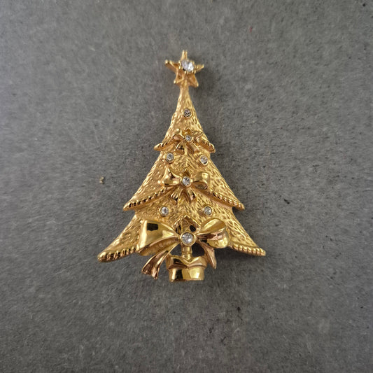 Goldene Weihnachtsbaum Brosche – Festlicher Glanz mit Strass