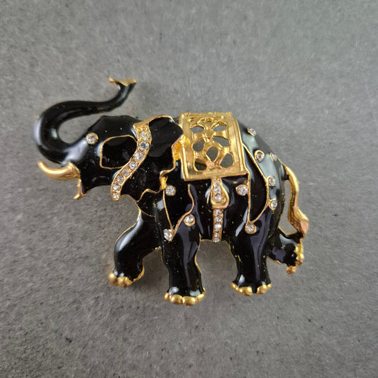 Elegante Elefanten-Brosche mit schwarzer Emaille und Strass