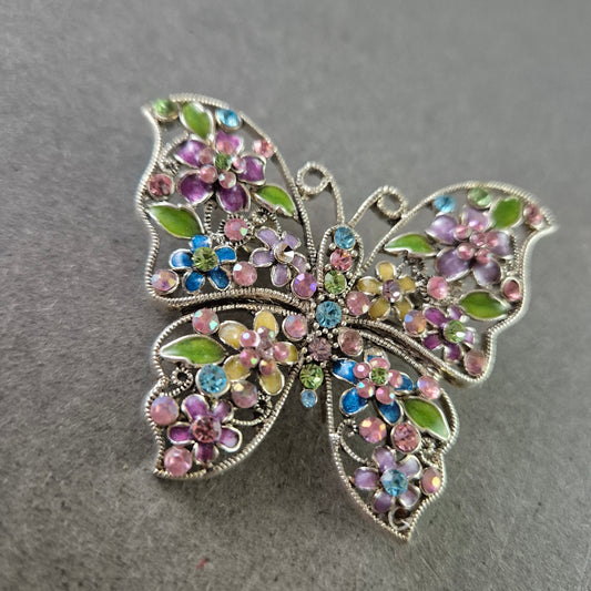 Farbenfrohe Schmetterlings-Brosche mit Strass und Emaille-Blüten