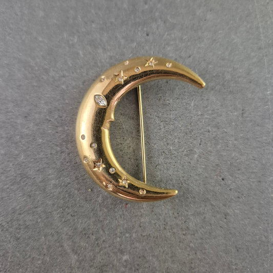 Vintage Brosche Mond & Sterne – Goldfarbener Nachthimmel-Look