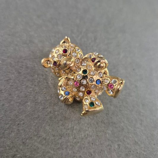 Verspielte Bären-Brosche mit bunten Strasssteinen – Vergoldet