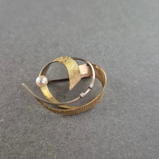 Vintage Modernistische Brosche – Schwungvolles Design mit Perlendetail