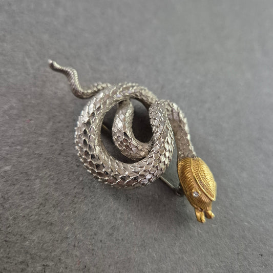 Auffällige Vintage Schlangen Brosche – Silberfarben & Goldkopf