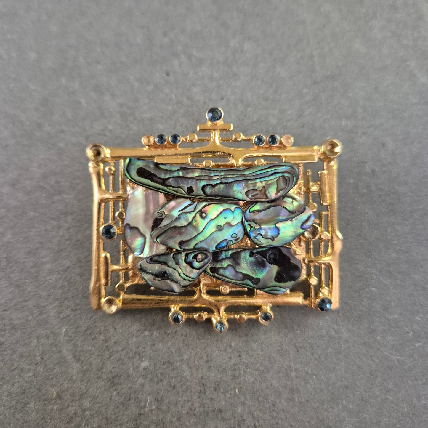 Vintage Brosche Abalone & Blaue Steine – Rechteckig Goldfarben