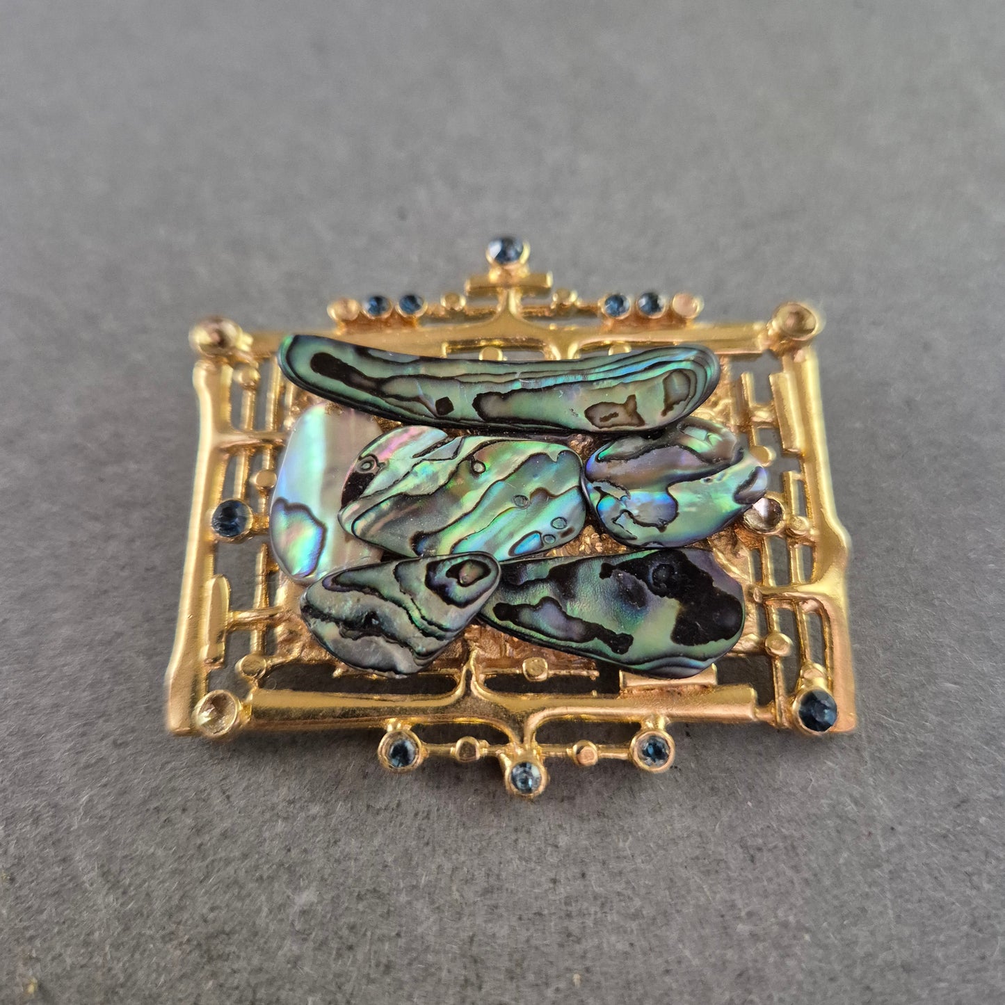 Vintage Brosche Abalone & Blaue Steine – Rechteckig Goldfarben