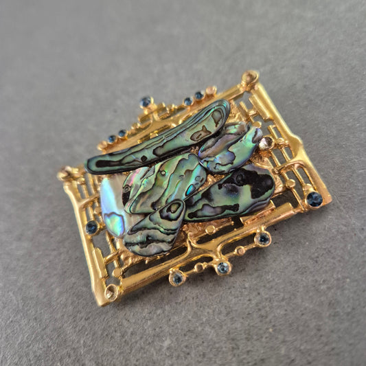 Vintage Brosche Abalone & Blaue Steine – Rechteckig Goldfarben