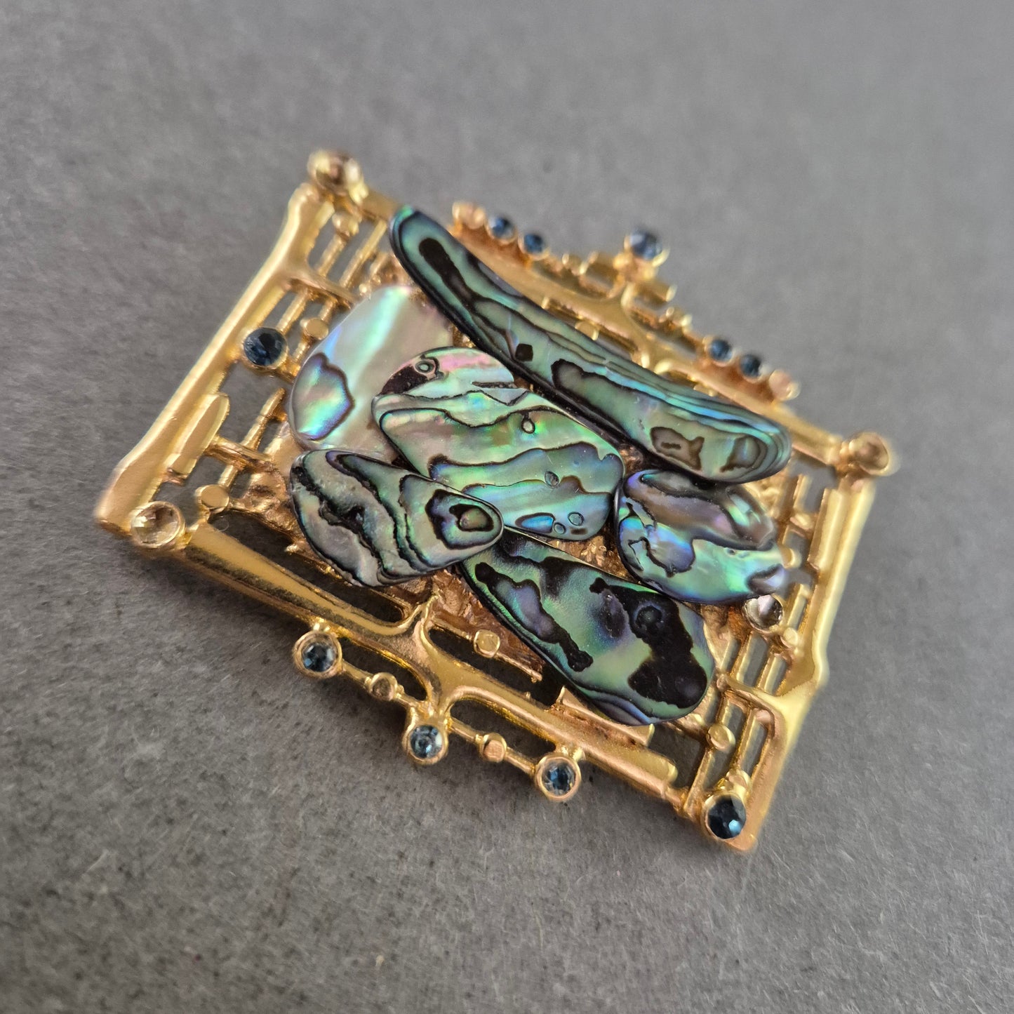 Vintage Brosche Abalone & Blaue Steine – Rechteckig Goldfarben