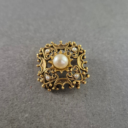 Vintage Brosche Gold Quadrat – Filigran & Große Perle