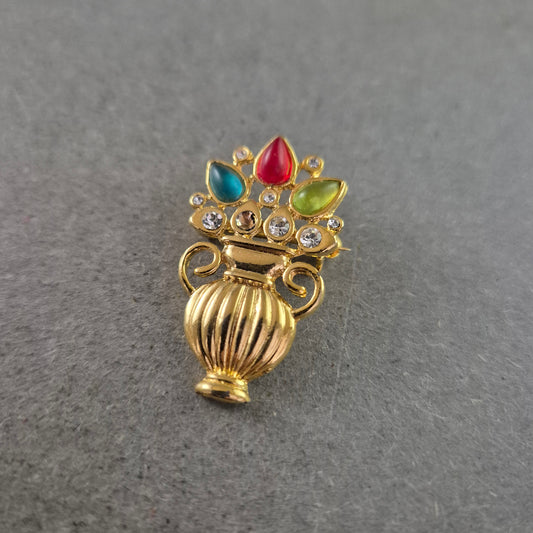 Vintage Brosche Blütenvase – Bunte Steine & Goldfarben