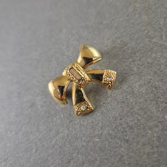 Kleine Vintage Schleifen Brosche – Goldfarben m. Strass