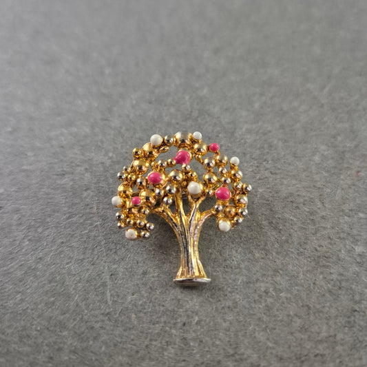 Vintage Baum-Brosche Goldton mit Perlen & Korallakzenten