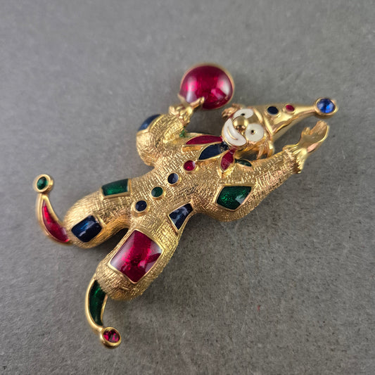 Fröhliche Vintage Clown Brosche – Bunt, Goldfarben & Funkelnd