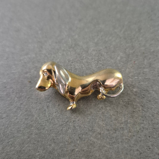 Niedliche Vintage Dackel Brosche – Gold Silber Strass