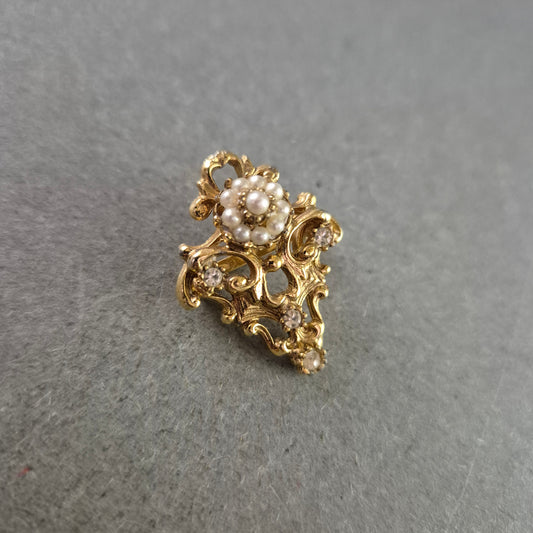 Kunstvolle Vintage Brosche Gold – Perlen, Strass, Filigran