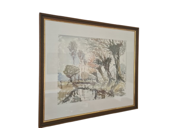 Kunst Aquarellmalerei Gemälde Signiert Wald Landschaft 70x60cm