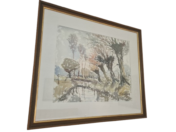 Kunst Aquarellmalerei Gemälde Signiert Wald Landschaft 70x60cm