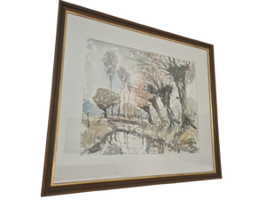 Kunst Aquarellmalerei Gemälde Signiert Wald Landschaft 70x60cm