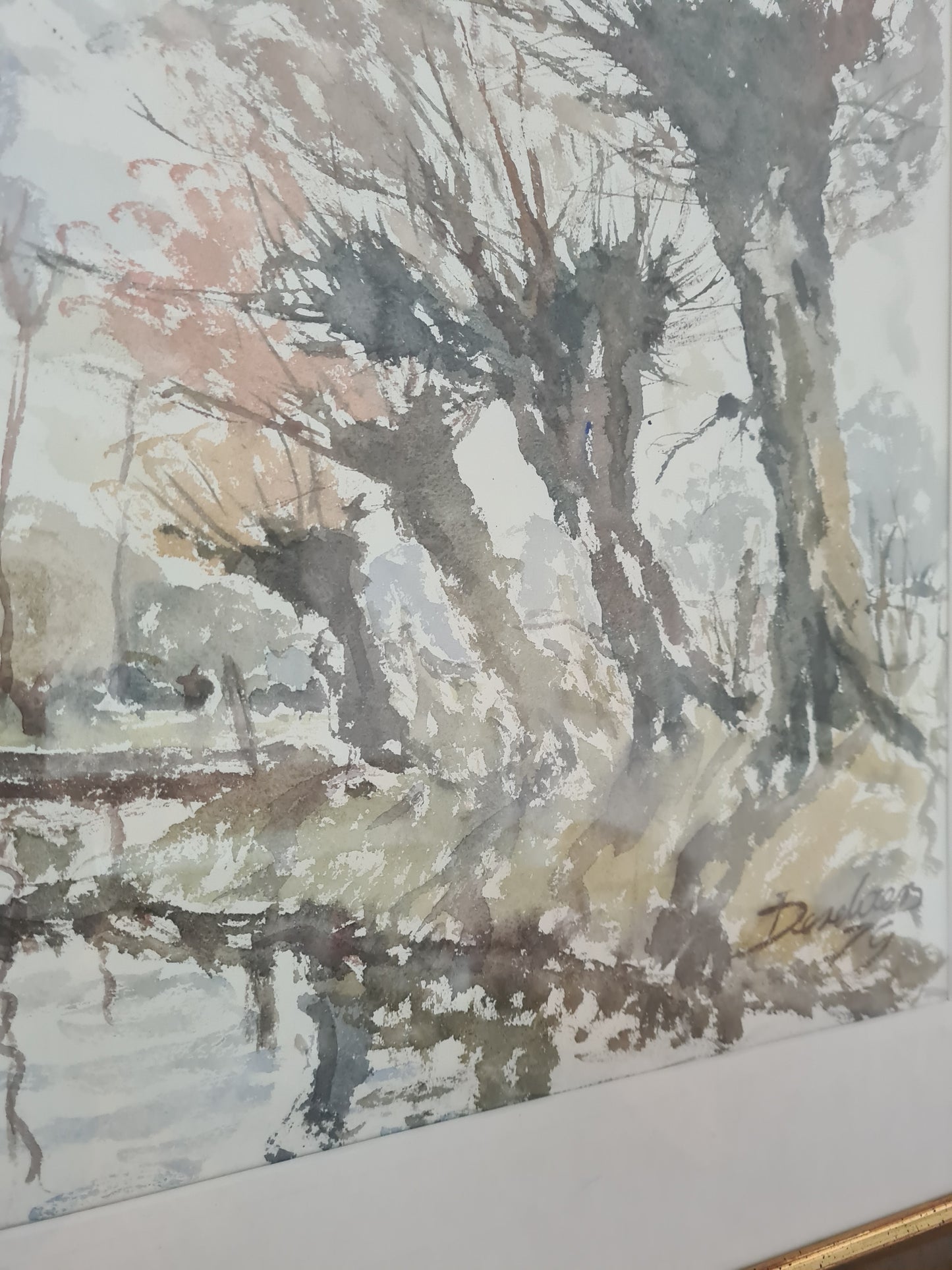 Kunst Aquarellmalerei Gemälde Signiert Wald Landschaft 70x60cm