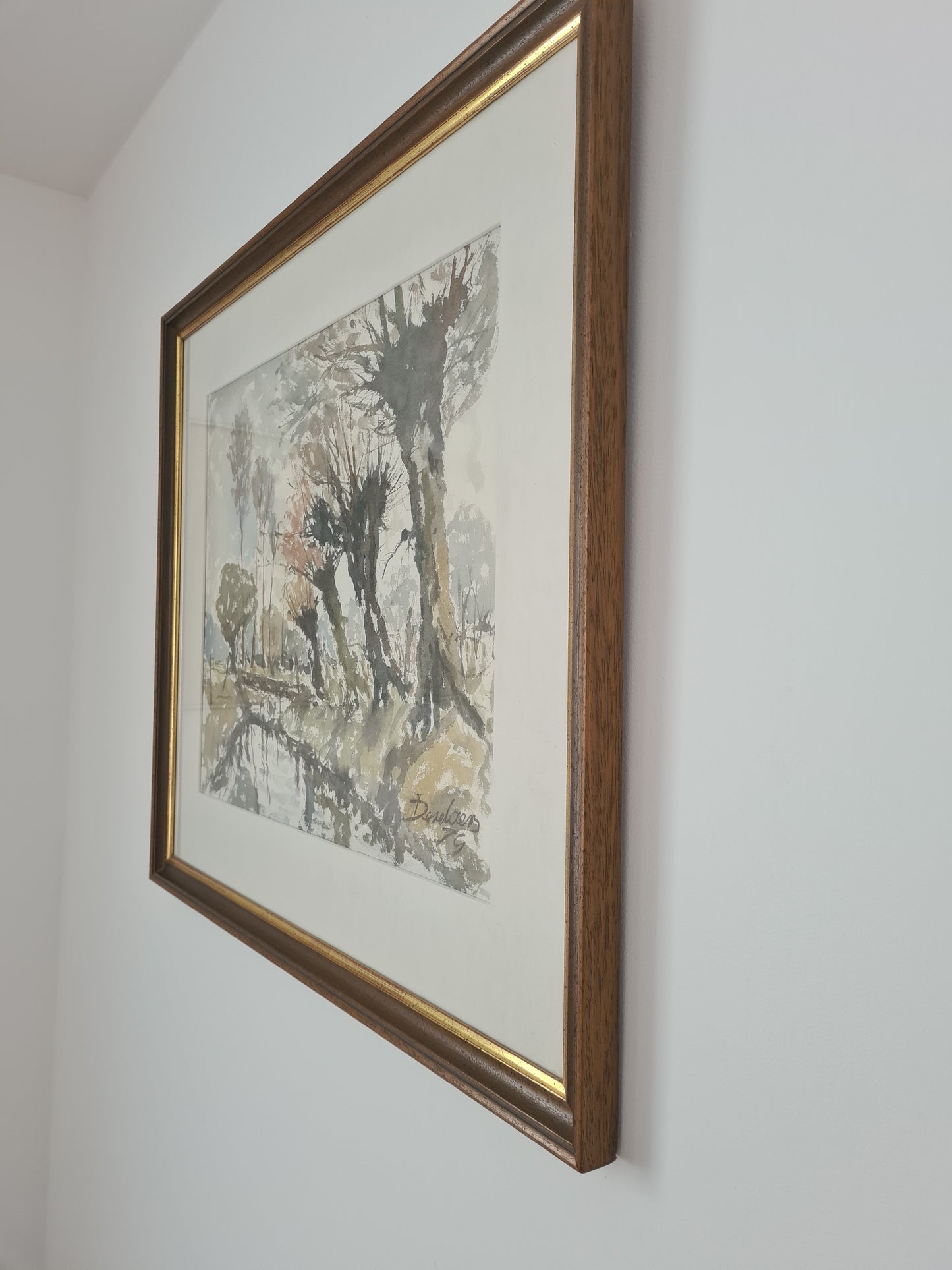 Kunst Aquarellmalerei Gemälde Signiert Wald Landschaft 70x60cm