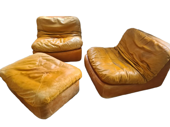 2x Vintage Lounge Sessel + Hocker Leder 1970er 80x100cm