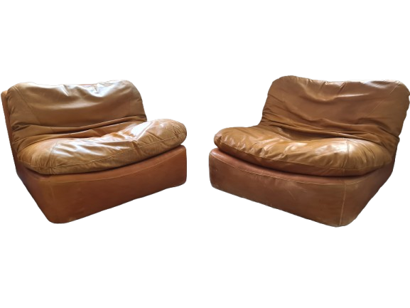 2x Vintage Lounge Sessel + Hocker Leder 1970er 80x100cm