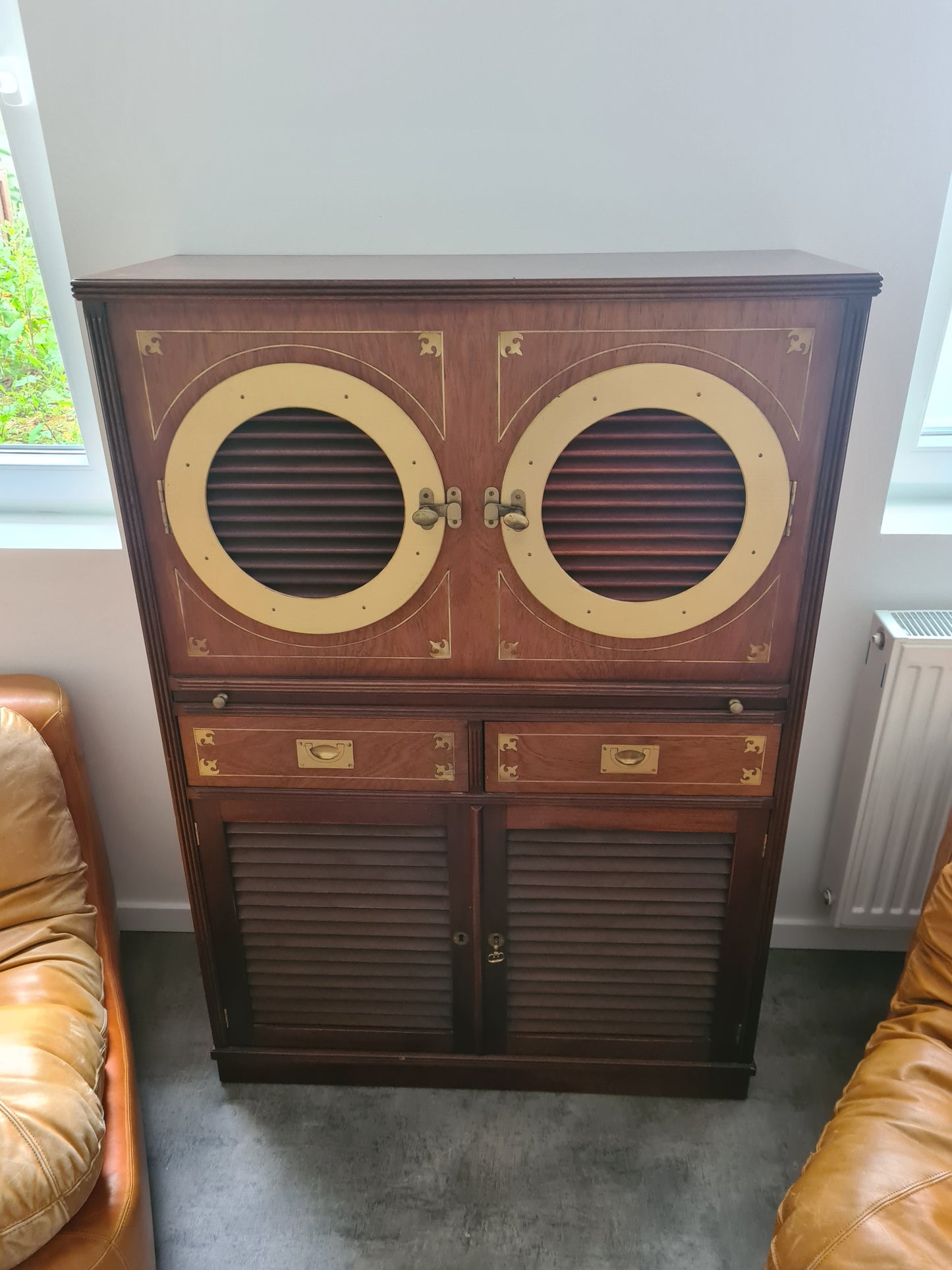 Marine Schrank Schiffsmöbel Sekretär Old Navy Bullauge Messing130cm