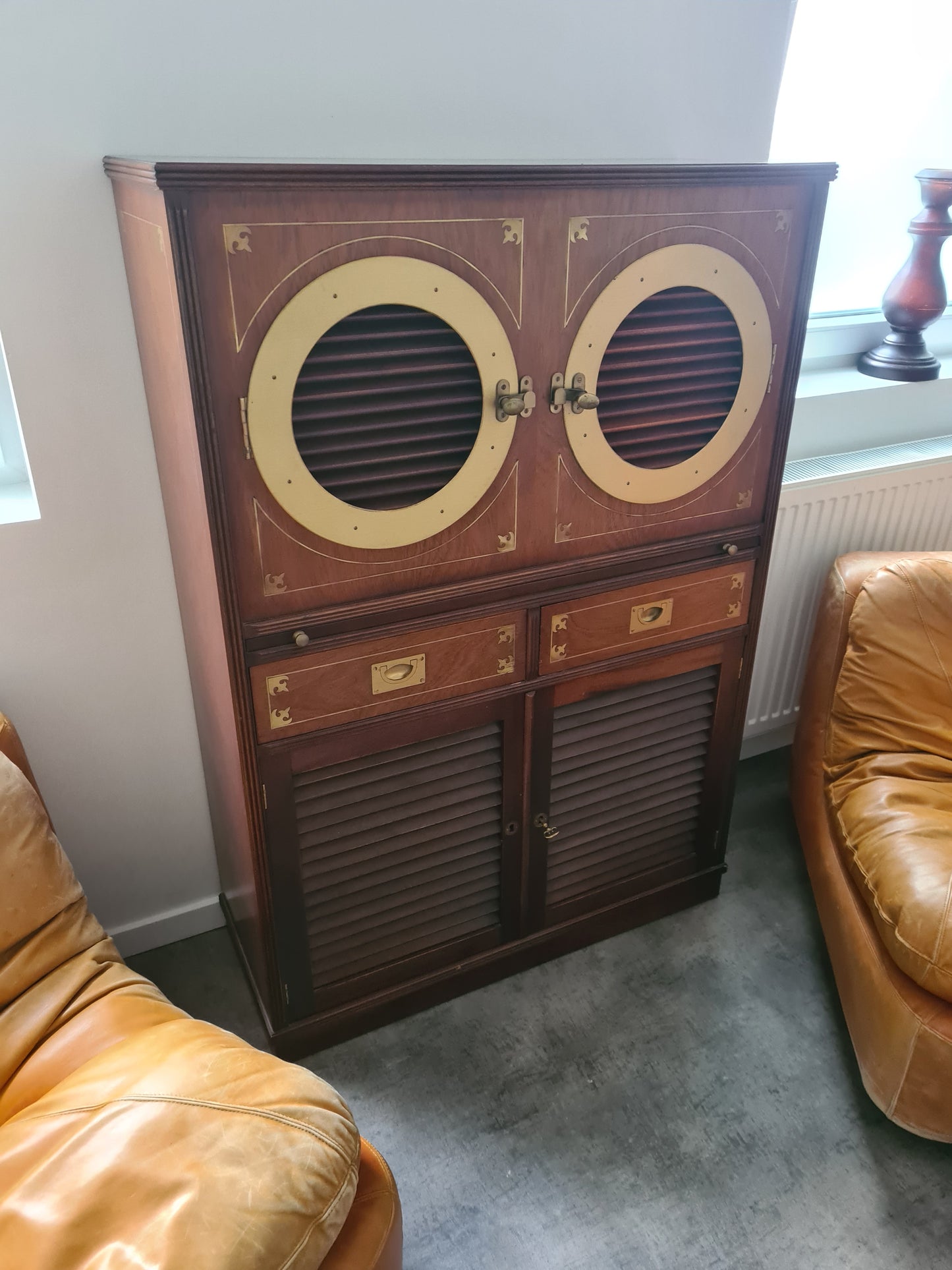 Marine Schrank Schiffsmöbel Sekretär Old Navy Bullauge Messing130cm