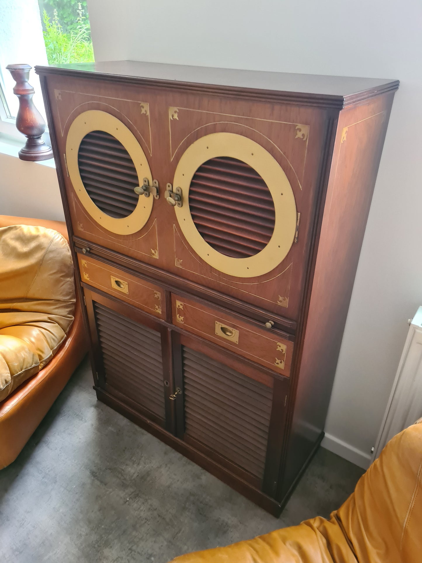 Marine Schrank Schiffsmöbel Sekretär Old Navy Bullauge Messing130cm