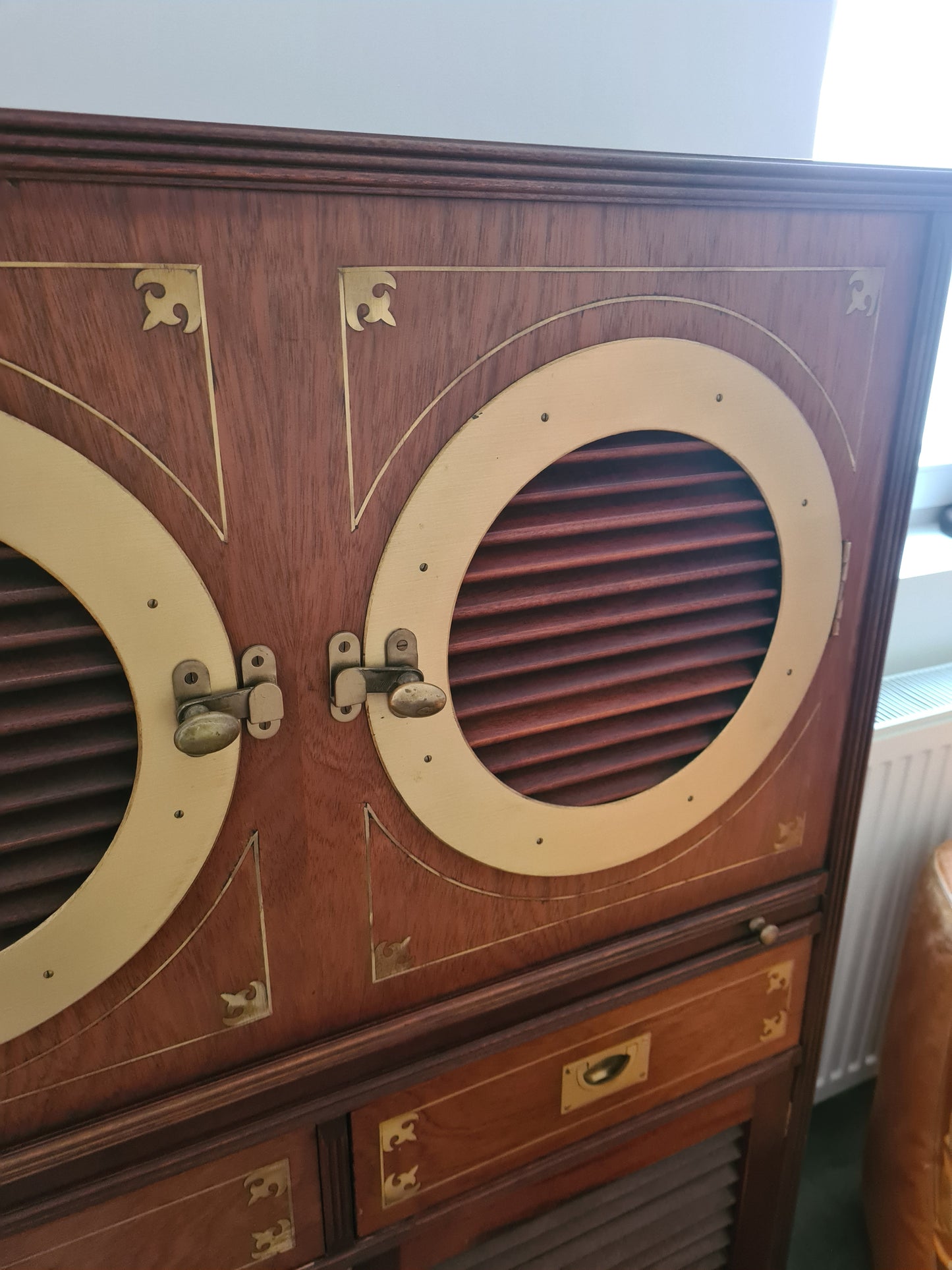 Marine Schrank Schiffsmöbel Sekretär Old Navy Bullauge Messing130cm