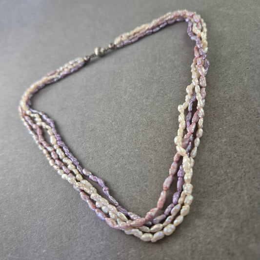 Damen Kette Mehrreihige Süßwasserperlen in Rosa & Weiß 835 Silberverschluss