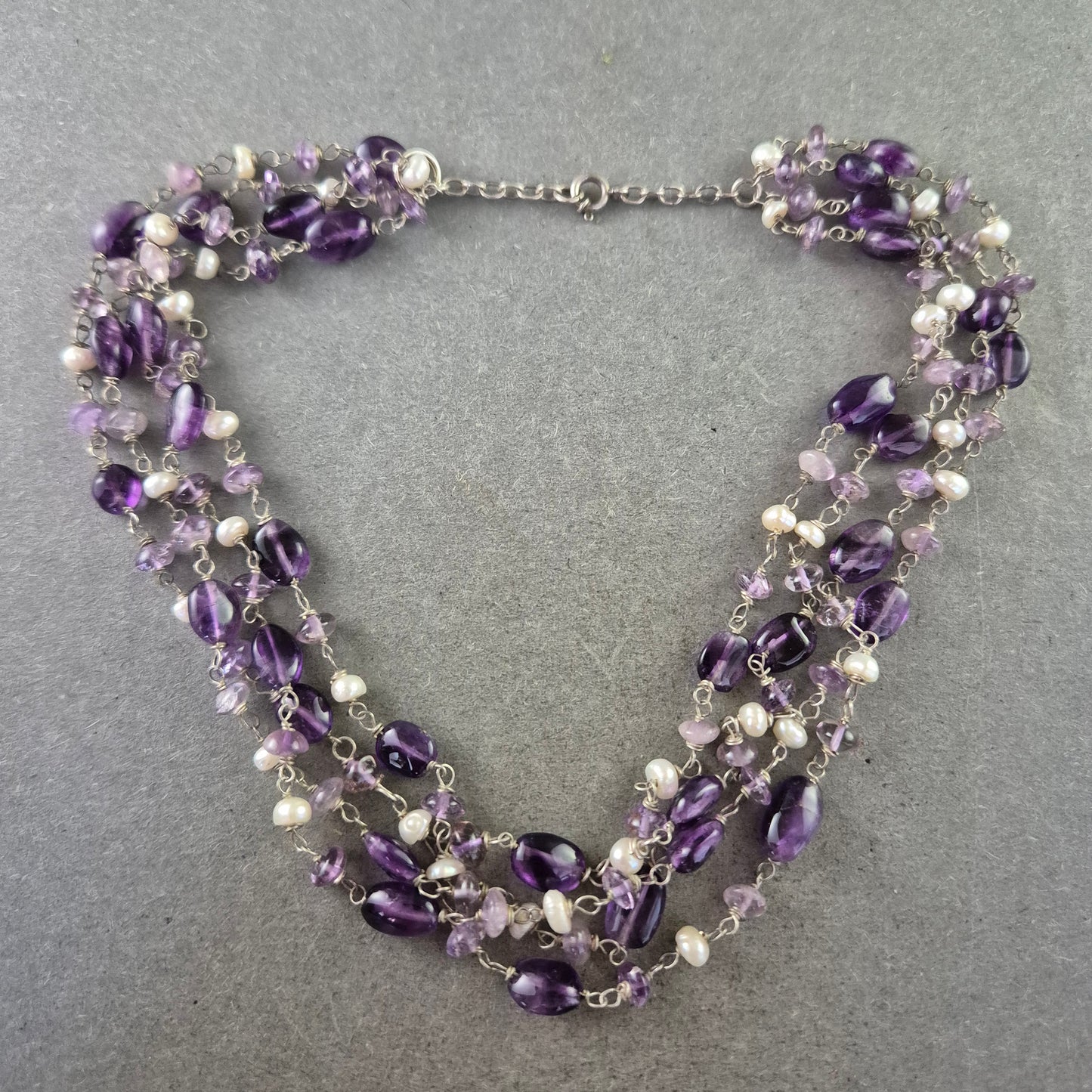 Damen Kette – Mehrreihige Amethyst & Perlen Edelsteinkette
