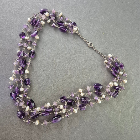 Damen Kette – Mehrreihige Amethyst & Perlen Edelsteinkette