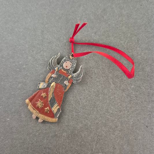 Vintage Anhänger Engel – Handbemalt mit rotem Band