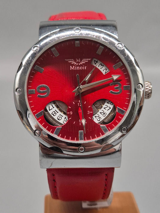 Minoir Herren Uhr – Automatik in Rot mit Datums- und Wochentagsanzeige