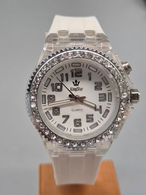 KingStar Damen Uhr – Glitzer-Look mit weißem Silikonarmband