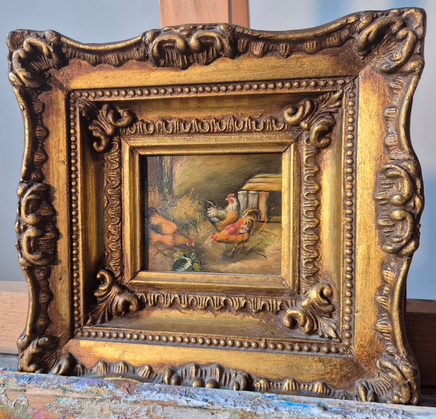 Ölgemälde Hühner Stall Bauernhof Deutsche Schule (XX) 18x19cm