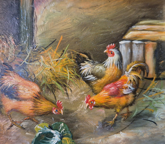 Ölgemälde Hühner Stall Bauernhof Deutsche Schule (XX) 18x19cm
