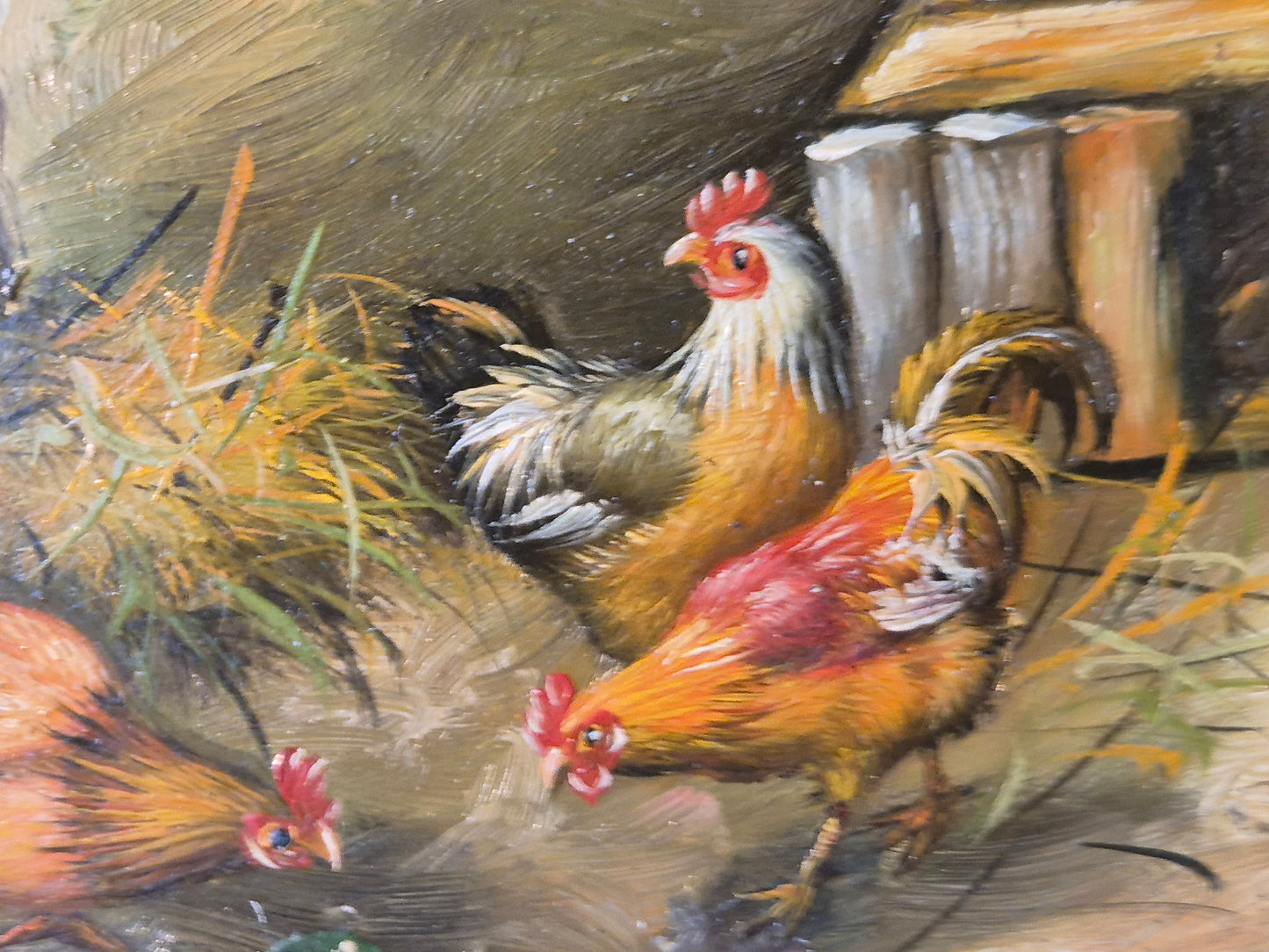 Ölgemälde Hühner Stall Bauernhof Deutsche Schule (XX) 18x19cm