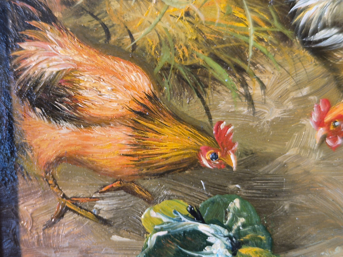 Ölgemälde Hühner Stall Bauernhof Deutsche Schule (XX) 18x19cm