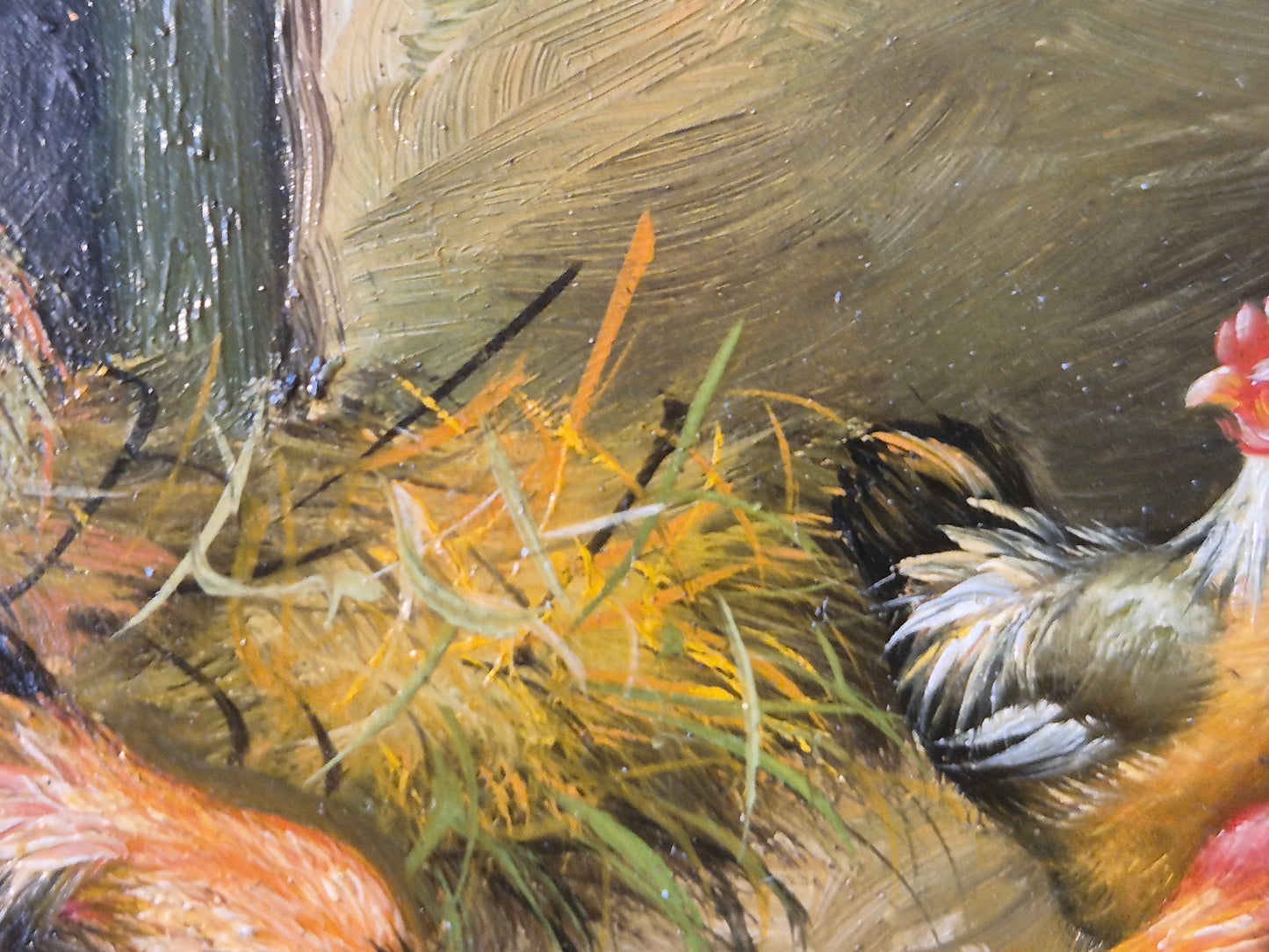 Ölgemälde Hühner Stall Bauernhof Deutsche Schule (XX) 18x19cm