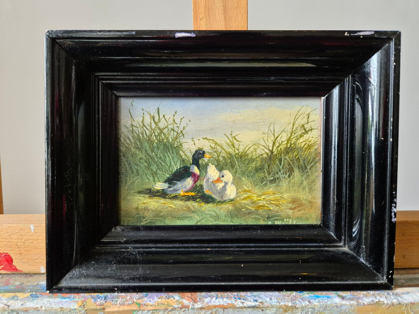 Ölgemälde Handsigniert Enten Hohes Gras Landschaft A. Müller (XX) 15x21cm