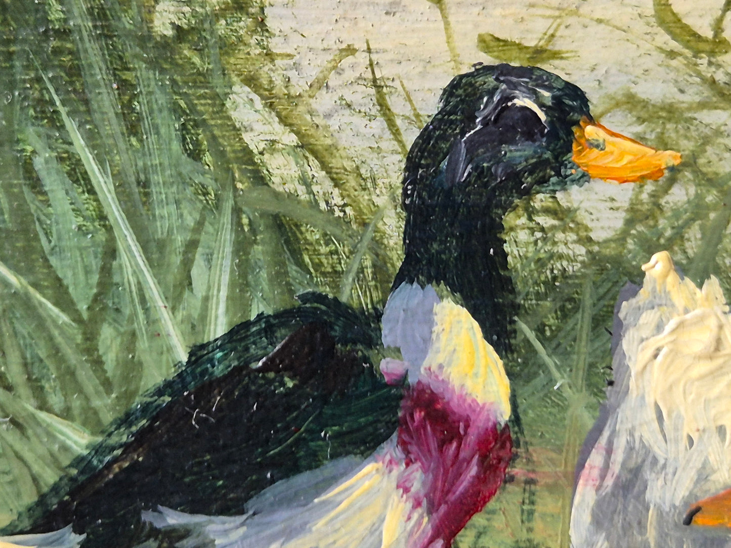 Ölgemälde Handsigniert Enten Hohes Gras Landschaft A. Müller (XX) 15x21cm