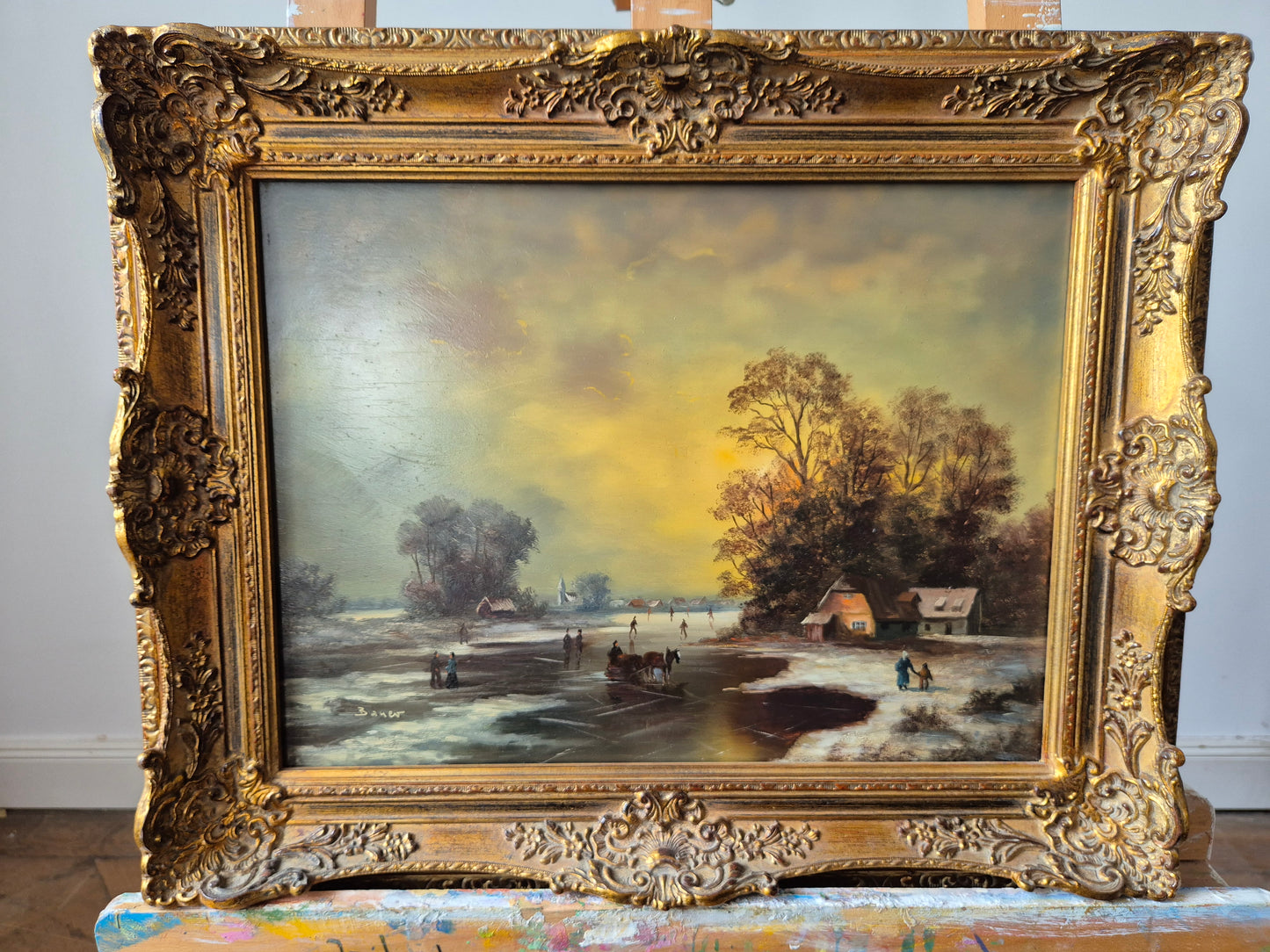 Ölgemälde Handsigniert Winterlandschaft Abendrot Eissee Deutsche Schule