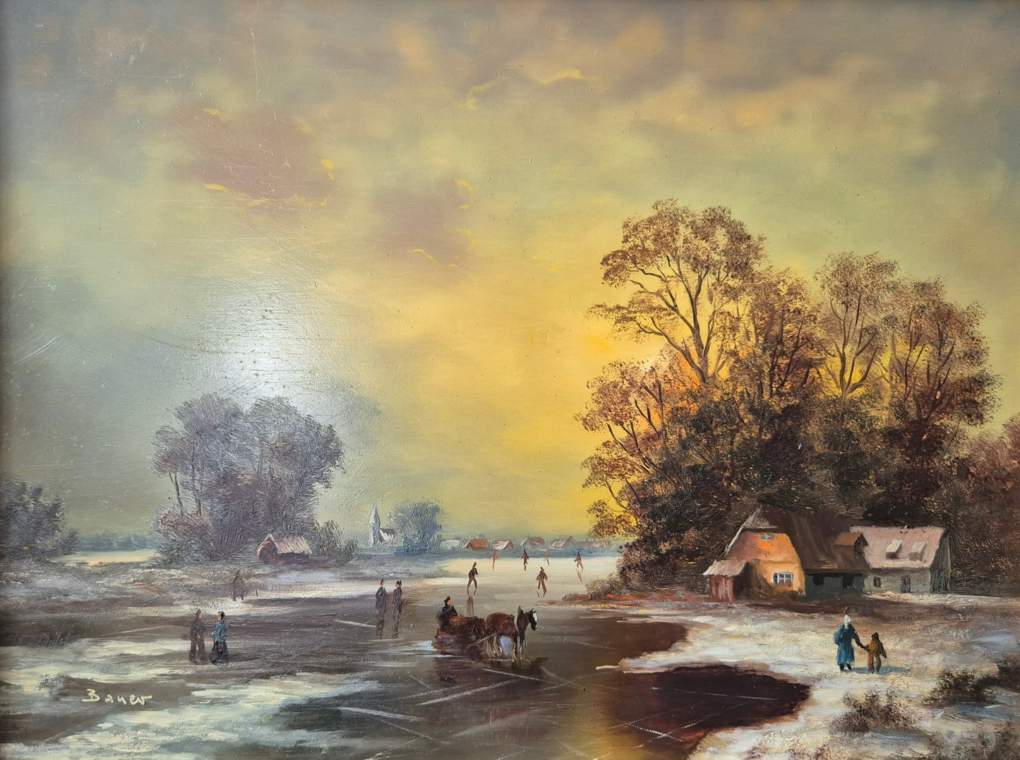 Ölgemälde Handsigniert Winterlandschaft Abendrot Eissee Deutsche Schule