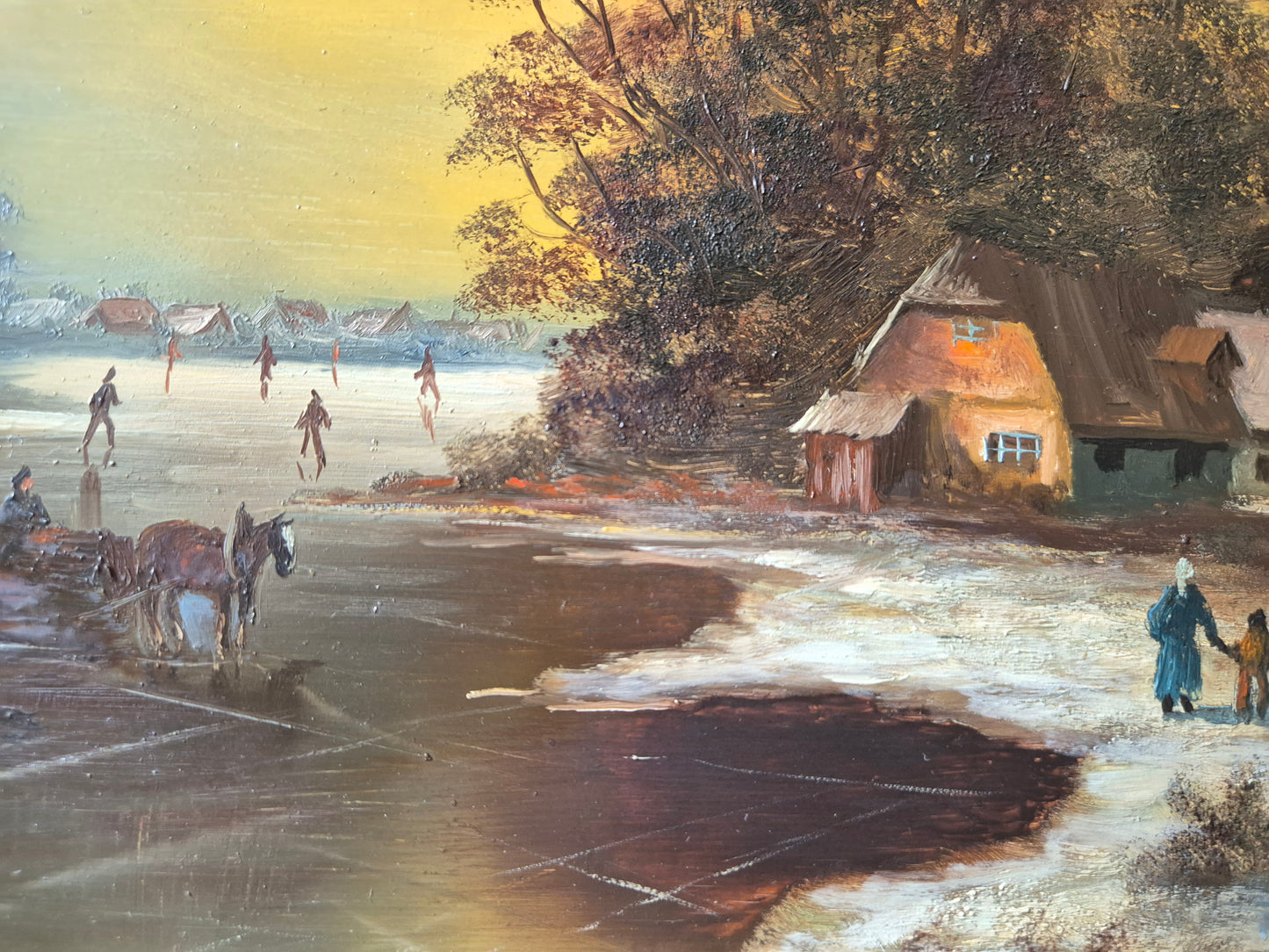 Ölgemälde Handsigniert Winterlandschaft Abendrot Eissee Deutsche Schule