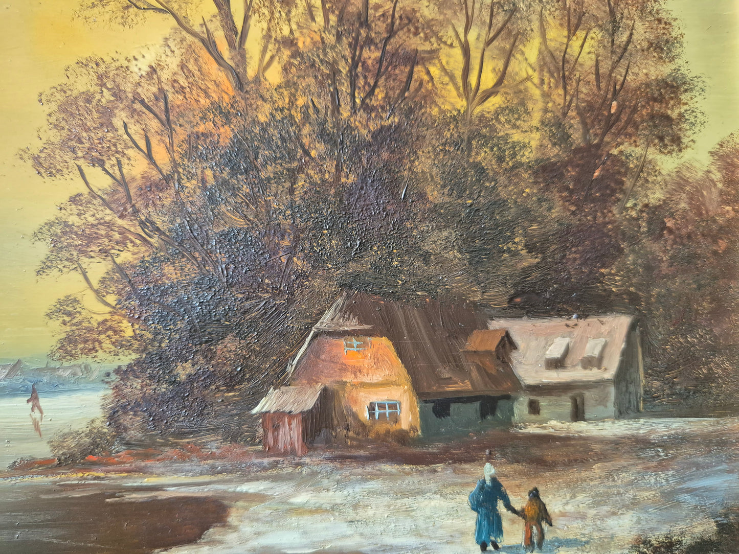 Ölgemälde Handsigniert Winterlandschaft Abendrot Eissee Deutsche Schule