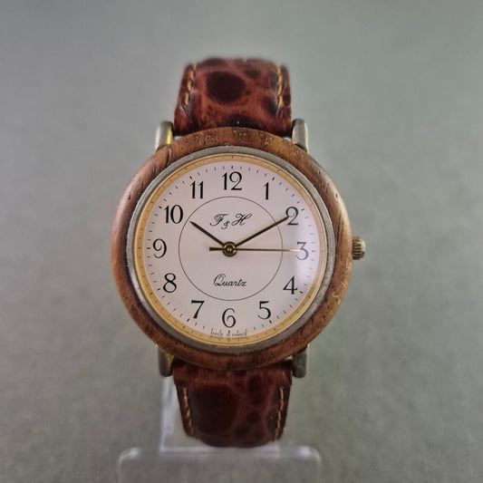 F&H Herren Uhr mit Holzlünette und braunem Lederarmband