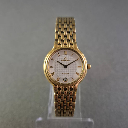 Damen Uhr Dugena Quartz Gold mit römischen Ziffern und Datumsanzeige