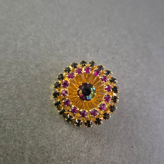 Brosche im Blüten-Design mit bunten Glitzersteinen Goldfarben